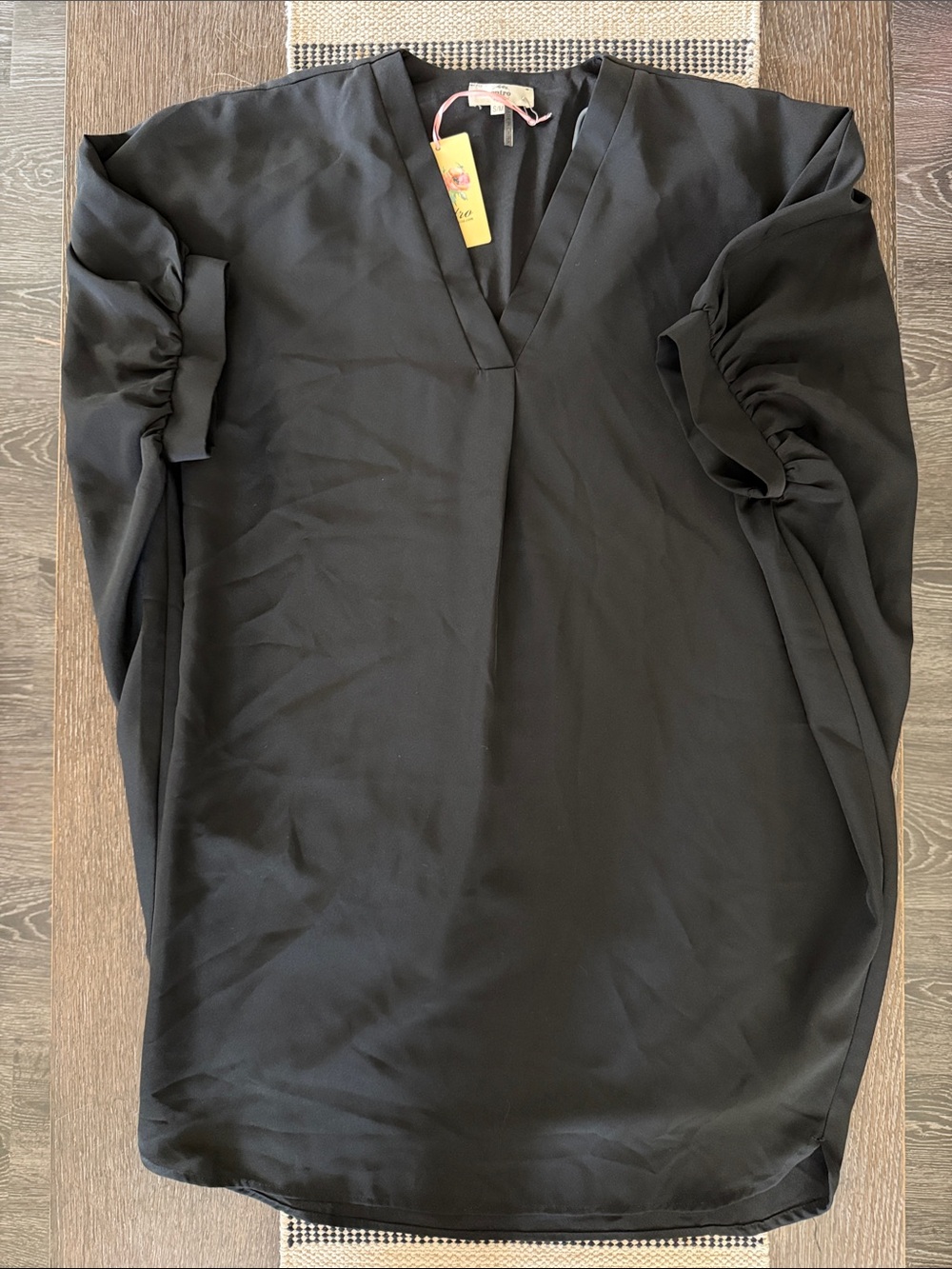 entro Black V-Neck Tunic with Ruched 3/4 Sleeves